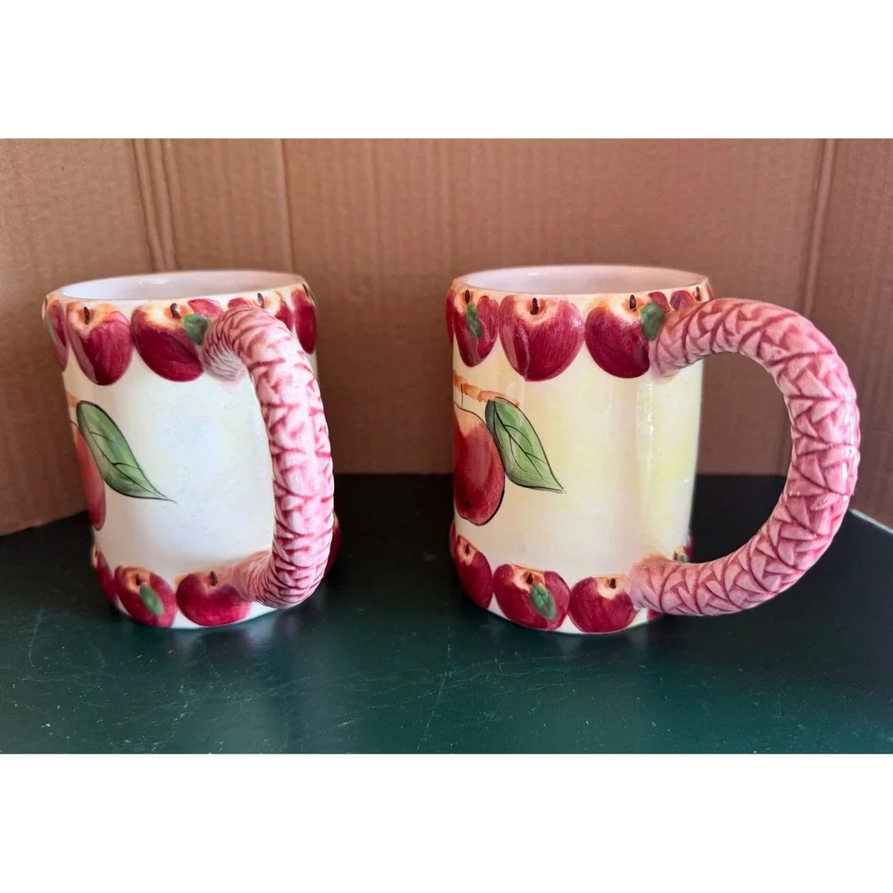 Seymour Mann Vintage Apple Teapot and Mugs Set Hand Painted Faience Ceramic 3pc